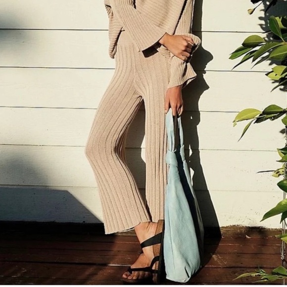 Free People Pants - Free People Beach Ribbed Knit Flare Sweater Pants Beige XS Coastal Resortwear